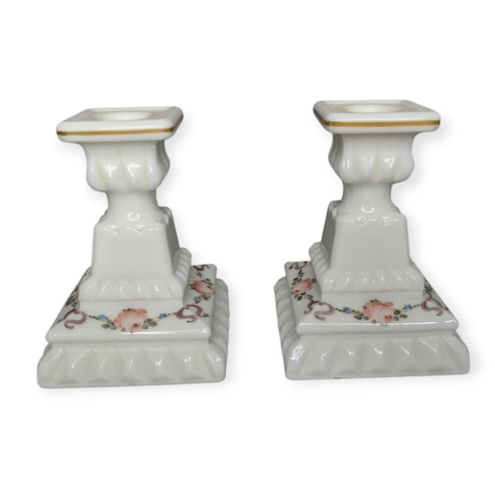 Vintage Westmoreland Milk Glass Floral Hand Painted Candle Holders Matching Pair